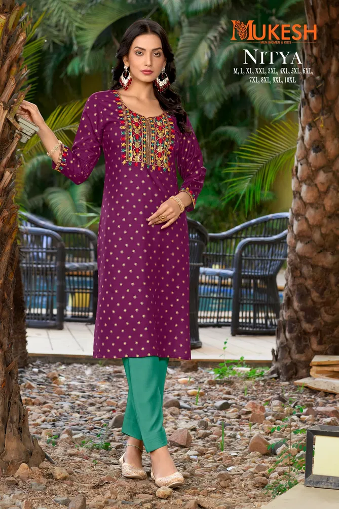 Nitya By Banwery Rayon Embroidery Gold Printed Plus Size Kurtis Wholesale Shop In Surat